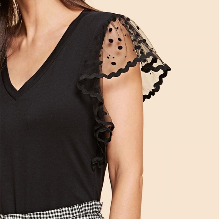 Vintage Black Dot Contrast Mesh Sleeve V Neck Plain T-shirt - Image 3