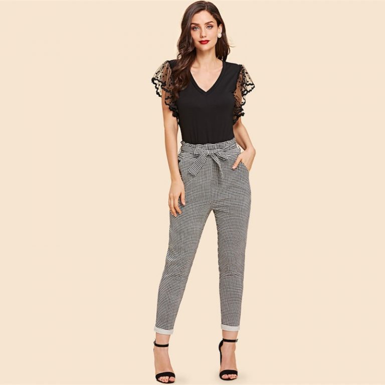 Vintage Black Dot Contrast Mesh Sleeve V Neck Plain T-shirt - Image 4