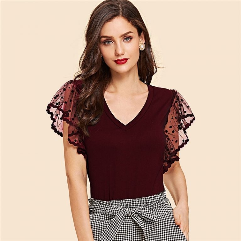 Vintage Black Dot Contrast Mesh Sleeve V Neck Plain T-shirt - Image 5