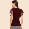 Vintage Black Dot Contrast Mesh Sleeve V Neck Plain T-shirt - Image 6
