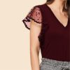 Vintage Black Dot Contrast Mesh Sleeve V Neck Plain T-shirt - Image 8