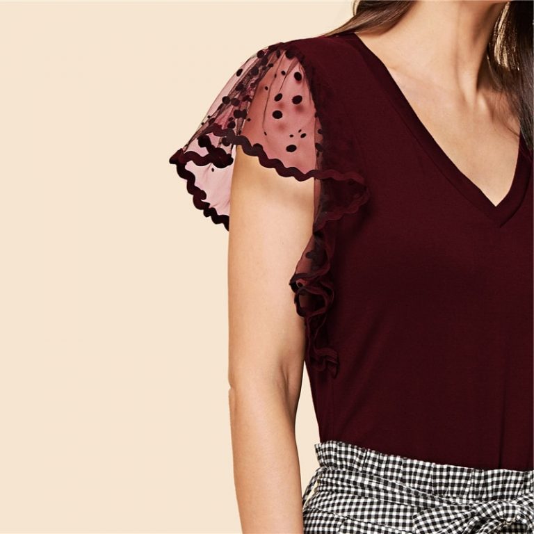Vintage Black Dot Contrast Mesh Sleeve V Neck Plain T-shirt - Image 8