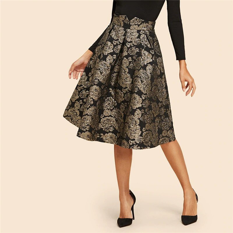Vintage Gold Flower Print Mid Waist Flare Knee-Length Skirt