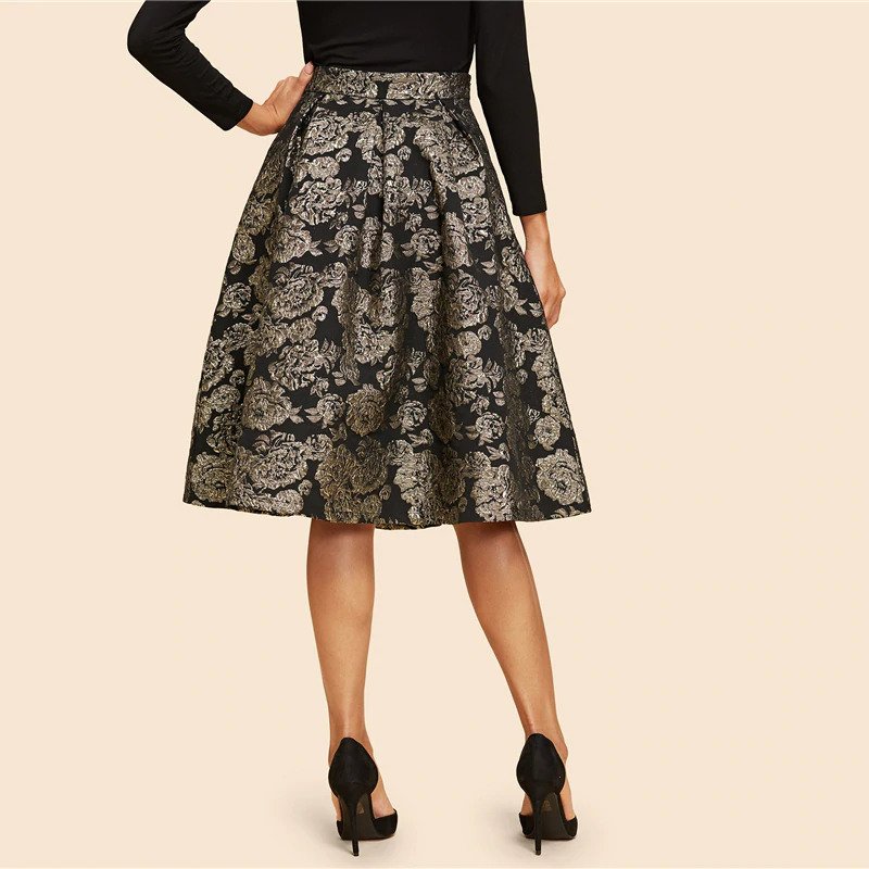 Vintage Gold Flower Print Mid Waist Flare Knee-Length Skirt - Image 2