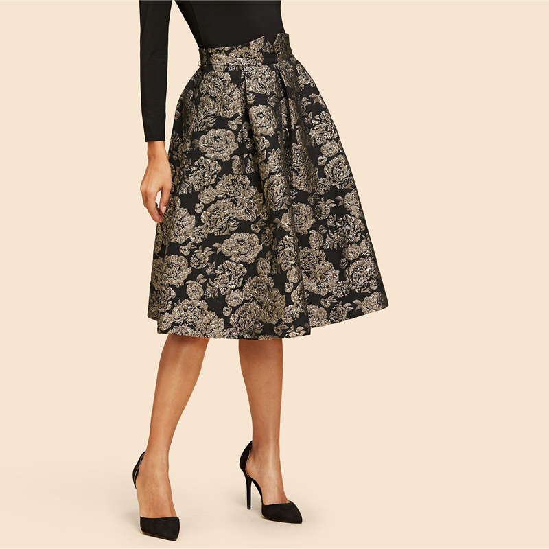 Vintage Gold Flower Print Mid Waist Flare Knee-Length Skirt - Image 3