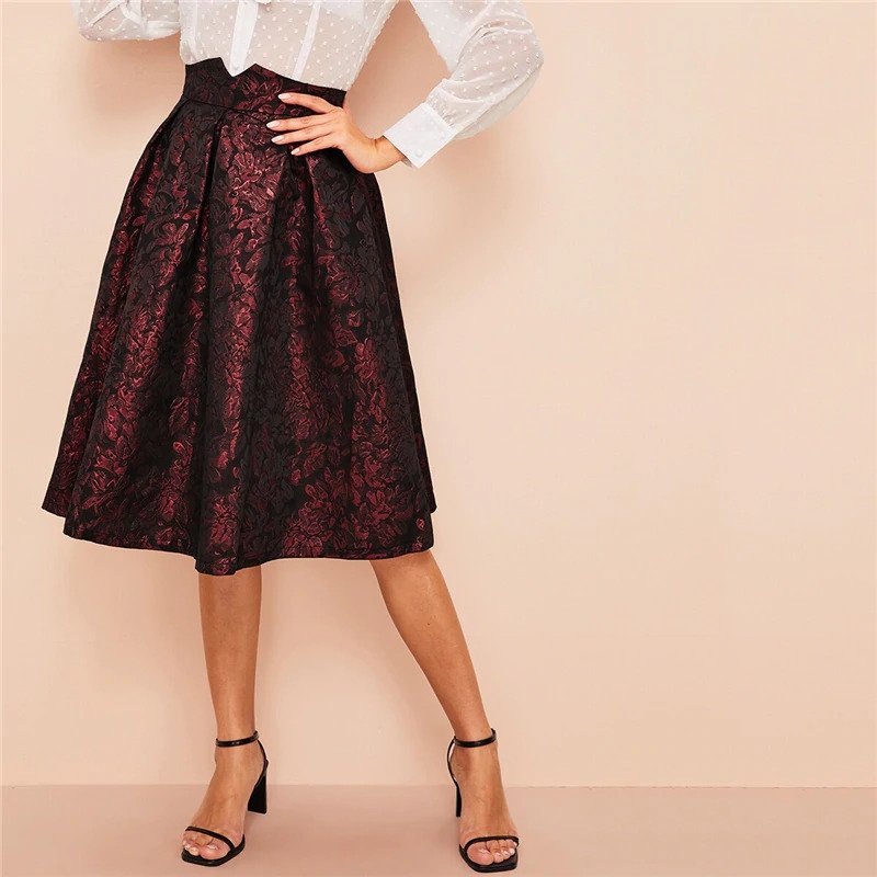 Vintage Gold Flower Print Mid Waist Flare Knee-Length Skirt - Image 5