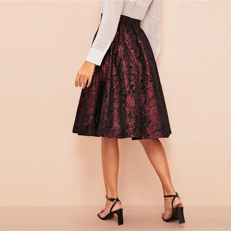 Vintage Gold Flower Print Mid Waist Flare Knee-Length Skirt - Image 6