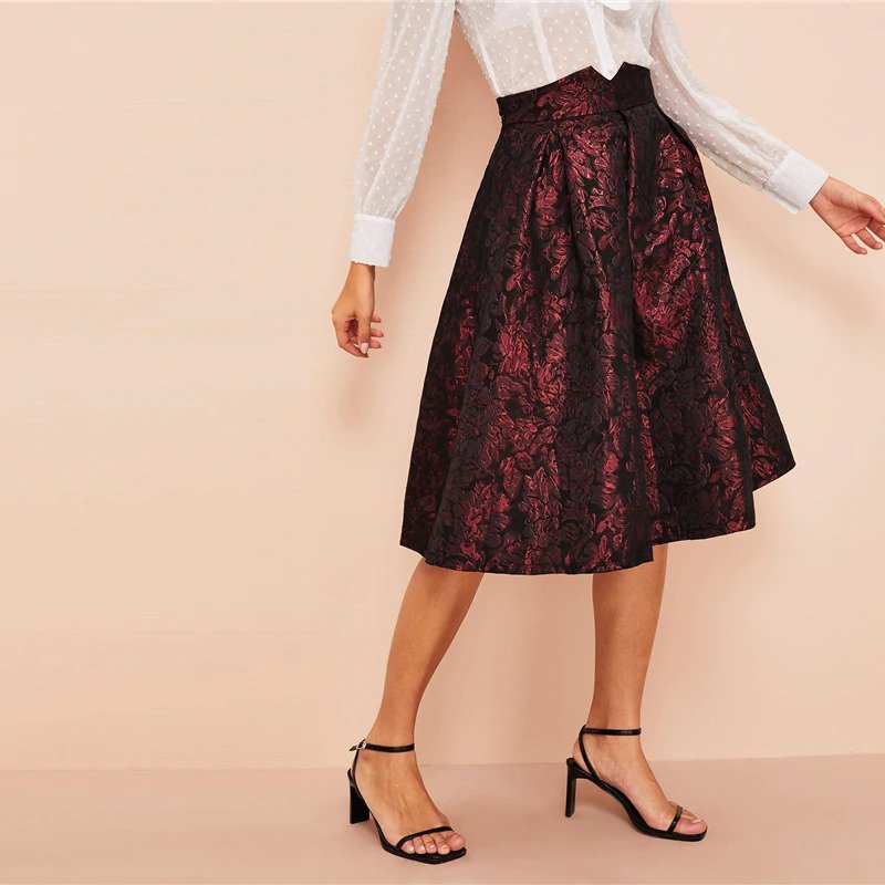 Vintage Gold Flower Print Mid Waist Flare Knee-Length Skirt - Image 7