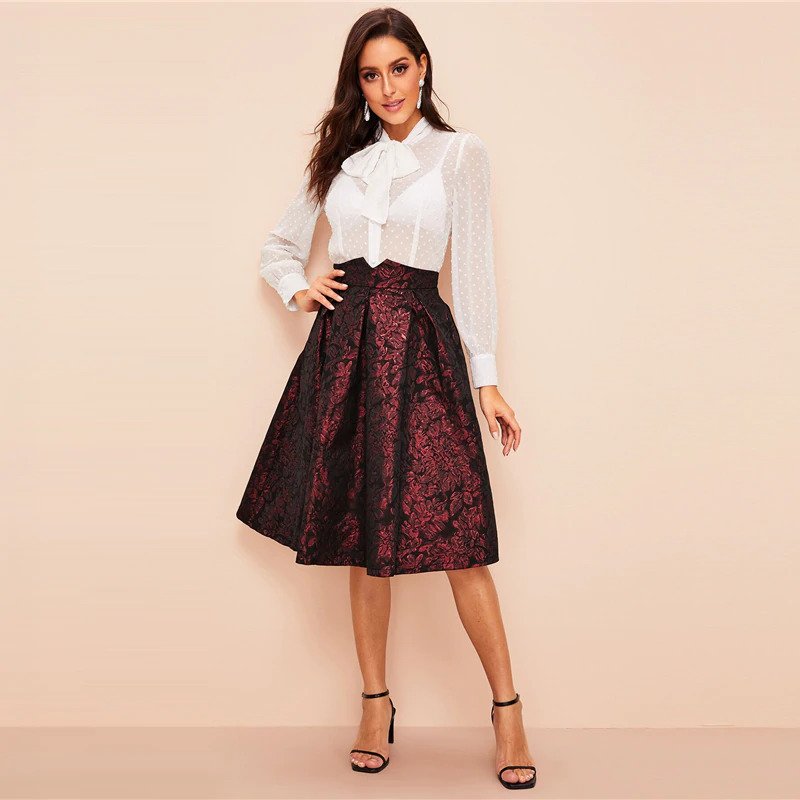 Vintage Gold Flower Print Mid Waist Flare Knee-Length Skirt - Image 8