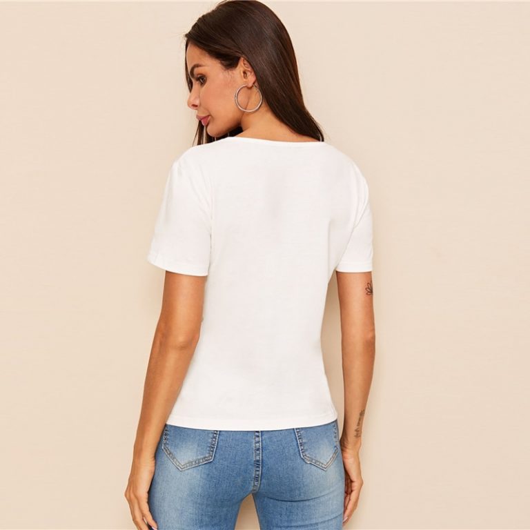 White Short Sleeve Cut Out Round Neck stretchy Tops - Image 2