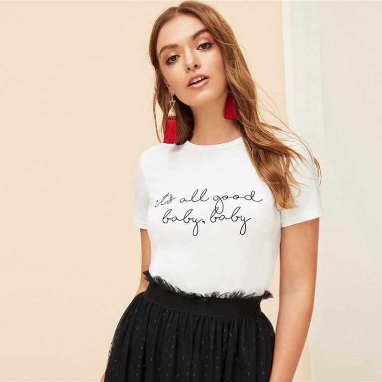 White Slogan Letter Print Solid Slim Fitted Tee Short Sleeve Round Neck T Shirt