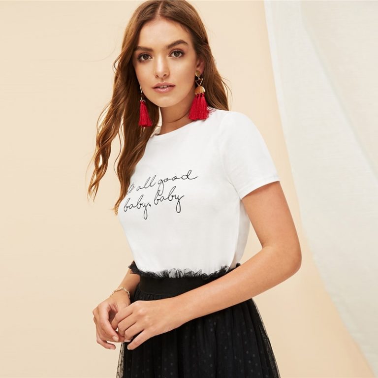 White Slogan Letter Print Solid Slim Fitted Tee Short Sleeve Round Neck T Shirt - Image 2