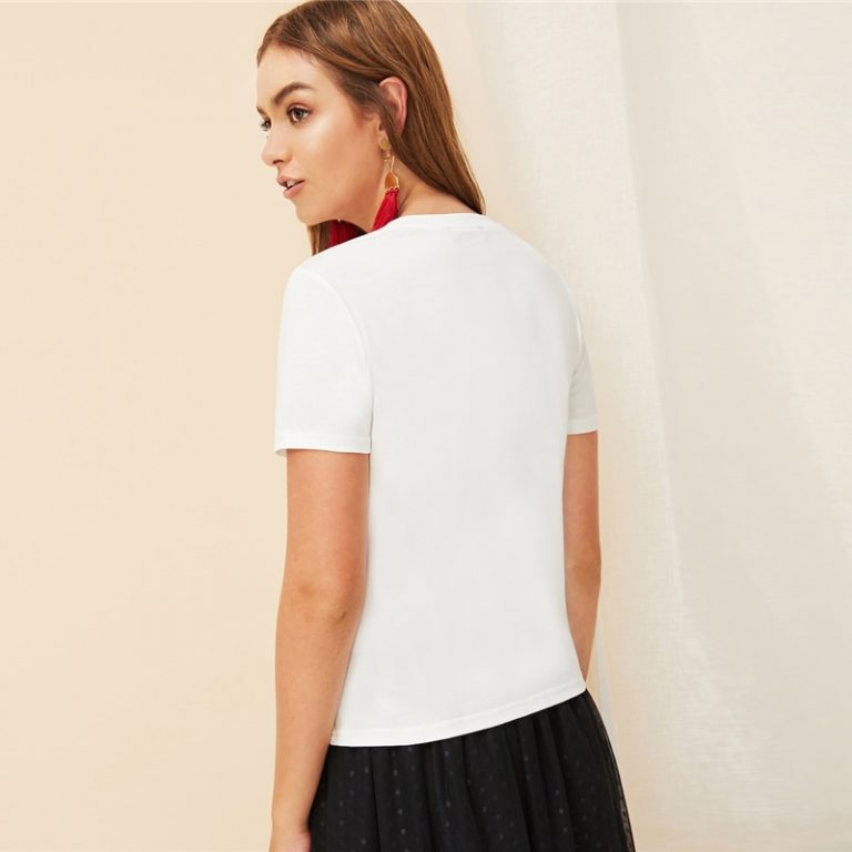 White Slogan Letter Print Solid Slim Fitted Tee Short Sleeve Round Neck T Shirt - Image 3