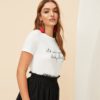 White Slogan Letter Print Solid Slim Fitted Tee Short Sleeve Round Neck T Shirt - Image 4