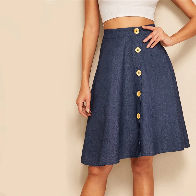 Women A Line Flared Skirts Navy Solid Mid Waist Midi Skirts