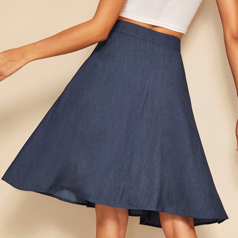 Women A Line Flared Skirts Navy Solid Mid Waist Midi Skirts - Image 2