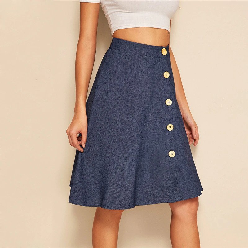 Women A Line Flared Skirts Navy Solid Mid Waist Midi Skirts - Image 3