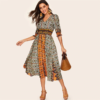 Women Bohemian V Neck Puff Sleeve Tribal Print Shirred Detail Dress