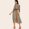 Women Bohemian V Neck Puff Sleeve Tribal Print Shirred Detail Dress - Image 2