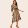 Women Bohemian V Neck Puff Sleeve Tribal Print Shirred Detail Dress - Image 3