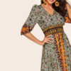 Women Bohemian V Neck Puff Sleeve Tribal Print Shirred Detail Dress - Image 4