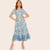 Women Boho Ditsy Floral Print Buttoned V Neck Long Dress