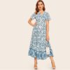 Women Boho Ditsy Floral Print Buttoned V Neck Long Dress - Image 3