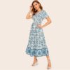 Women Boho Ditsy Floral Print Buttoned V Neck Long Dress - Image 4