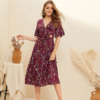 Women Boho Floral Print V Neck Short Sleeve High Waist Long Dress