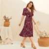 Women Boho Floral Print V Neck Short Sleeve High Waist Long Dress - Image 3