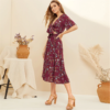 Women Boho Floral Print V Neck Short Sleeve High Waist Long Dress - Image 4