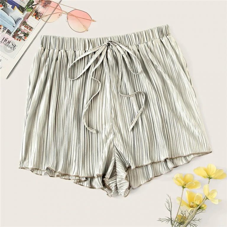 Women Boho Silver Drawstring Waist Pleated Loose Shorts