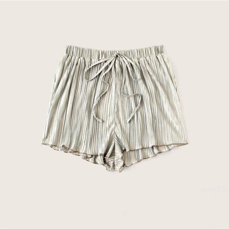 Women Boho Silver Drawstring Waist Pleated Loose Shorts - Image 2