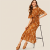 Women Buttoned Detail Foldover Front Flippy Hem Floral Dress