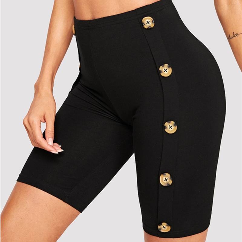 Women Buttoned Side Skinny Plain Shorts