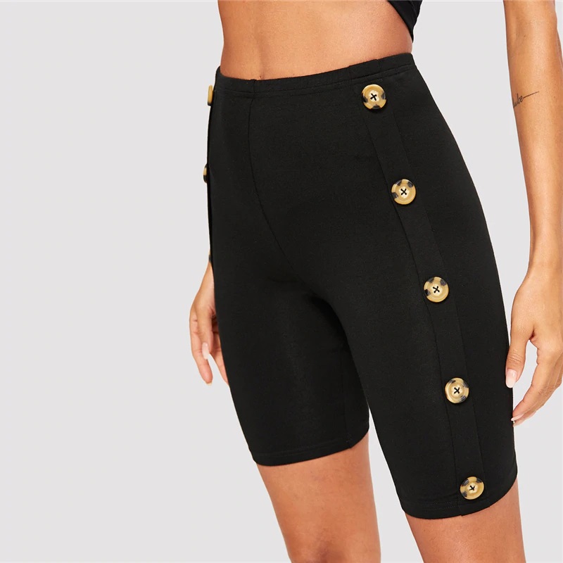 Women Buttoned Side Skinny Plain Shorts - Image 2