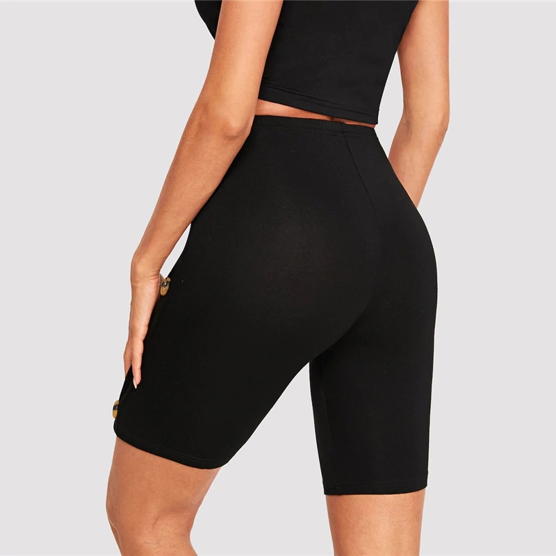 Women Buttoned Side Skinny Plain Shorts - Image 5