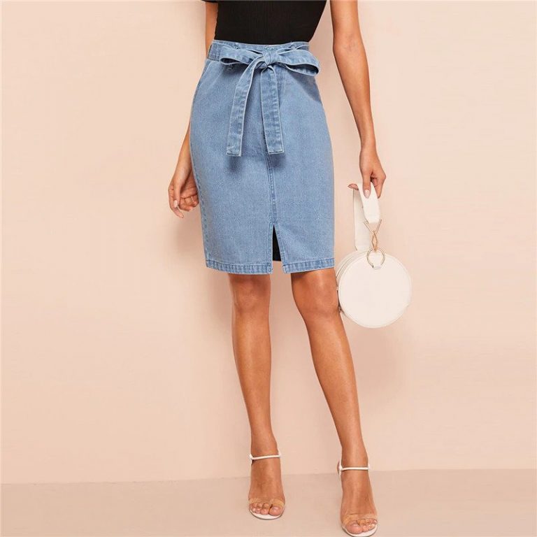 Women Casual Fashion Shift Skirts Blue Solid Zipper Korean Style Skirts