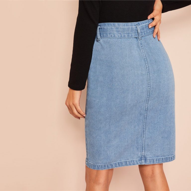 Women Casual Fashion Shift Skirts Blue Solid Zipper Korean Style Skirts - Image 3