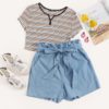 Women Casual Paper bag Waist Twin Pocket Patched Belted Denim Shorts - Image 3