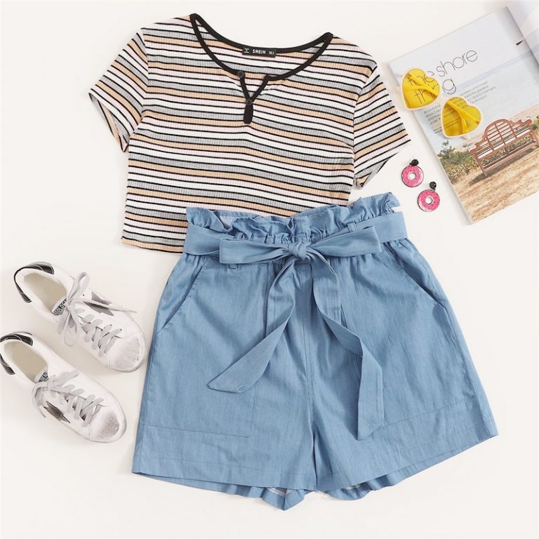 Women Casual Paper bag Waist Twin Pocket Patched Belted Denim Shorts - Image 3