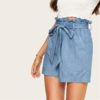 Women Casual Paper bag Waist Twin Pocket Patched Belted Denim Shorts - Image 5