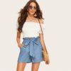 Women Casual Paper bag Waist Twin Pocket Patched Belted Denim Shorts - Image 4