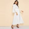 Women Casual Stand Collar Scallop Edge Laser Cut Belted Plain Dress