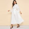 Women Casual Stand Collar Scallop Edge Laser Cut Belted Plain Dress - Image 2