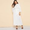 Women Casual Stand Collar Scallop Edge Laser Cut Belted Plain Dress - Image 3