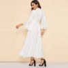 Women Casual Stand Collar Scallop Edge Laser Cut Belted Plain Dress - Image 4