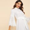 Women Casual Stand Collar Scallop Edge Laser Cut Belted Plain Dress - Image 5