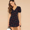 Women Cherry Print Short Puff Sleeve Open Back Bohemian Mini Dress