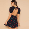 Women Cherry Print Short Puff Sleeve Open Back Bohemian Mini Dress - Image 2